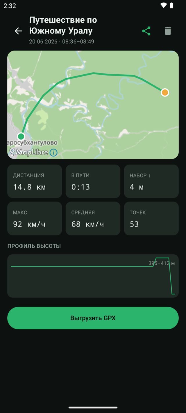 Экран поездки · трек и сводка